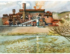 Vintage "J&L Oxygen Plant" Industrial Landscape  Scene Contemporary Watercolor Drawing