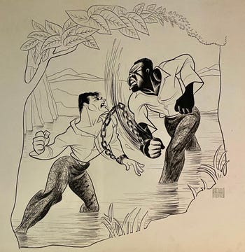 Original Drawing of Sidney Poitier and Tony Curtis in The Defiant Ones, 1958