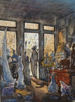 Illustration New Yorker - Réalisme moderne du milieu du siècle - Scène américaine - « Antique Shop »