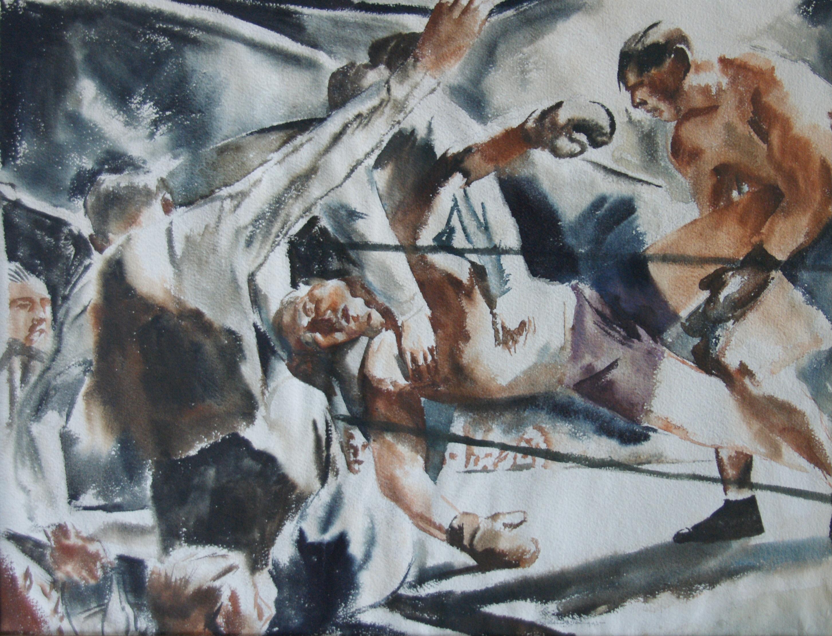 "The Knockout" Boxing Sports American Watercolor WPA Mid-Century Modern 30s/40s