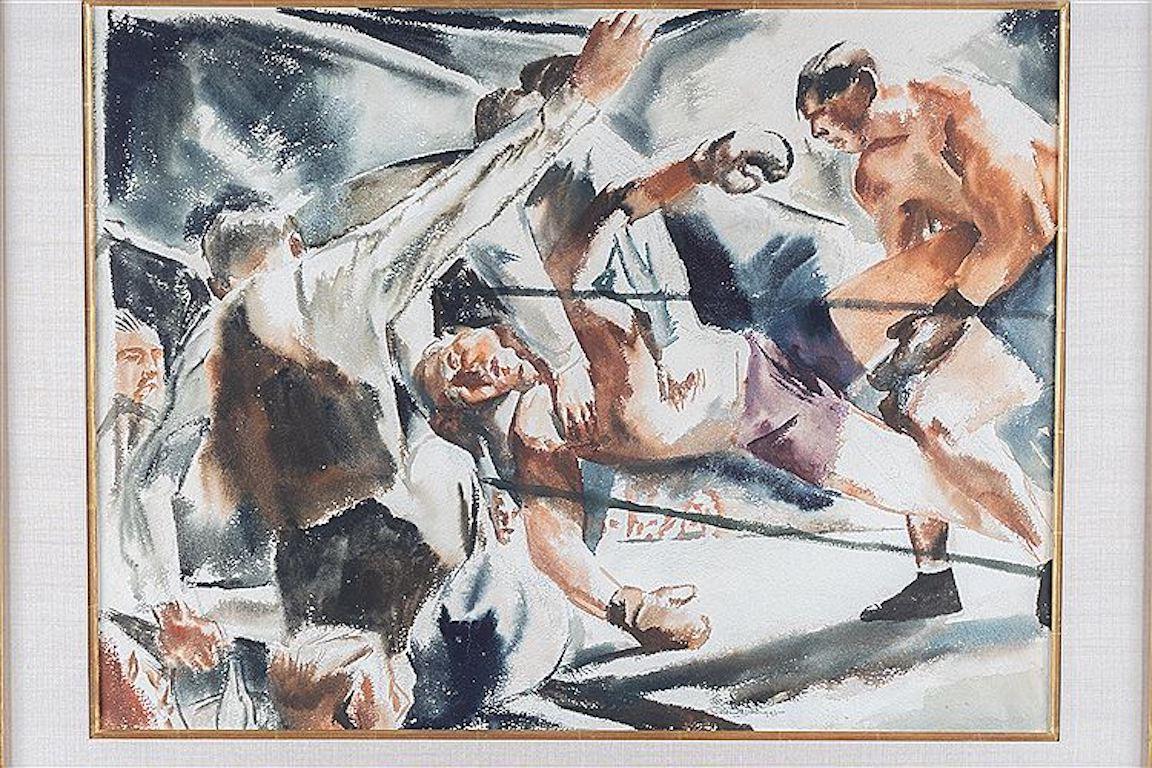 „The Knockout“ Boxsport Amerikanisches Aquarell WPA Mid-Century Modern 30s/40s – Art von Robert Riggs