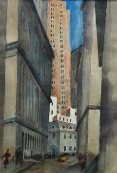 "Exchange Place" American Scene WPA Modern Watercolor Financial District NYC