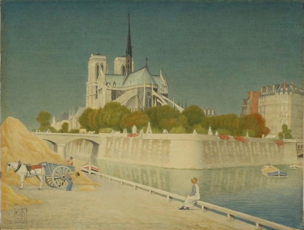 Joseph Edward Southall Landscape Painting - "Notre Dame Along the Seine, Paris, France, " Joseph Southall, River Landscape