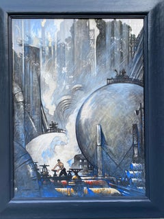 Große Industrielandschaft Mitte des Jahrhunderts National Geographic WPA Realismus Zeichnung