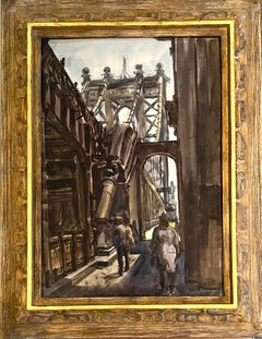"Manhattan Bridge" NYC American Scene Modernism Watercolor WPA Urban Realism