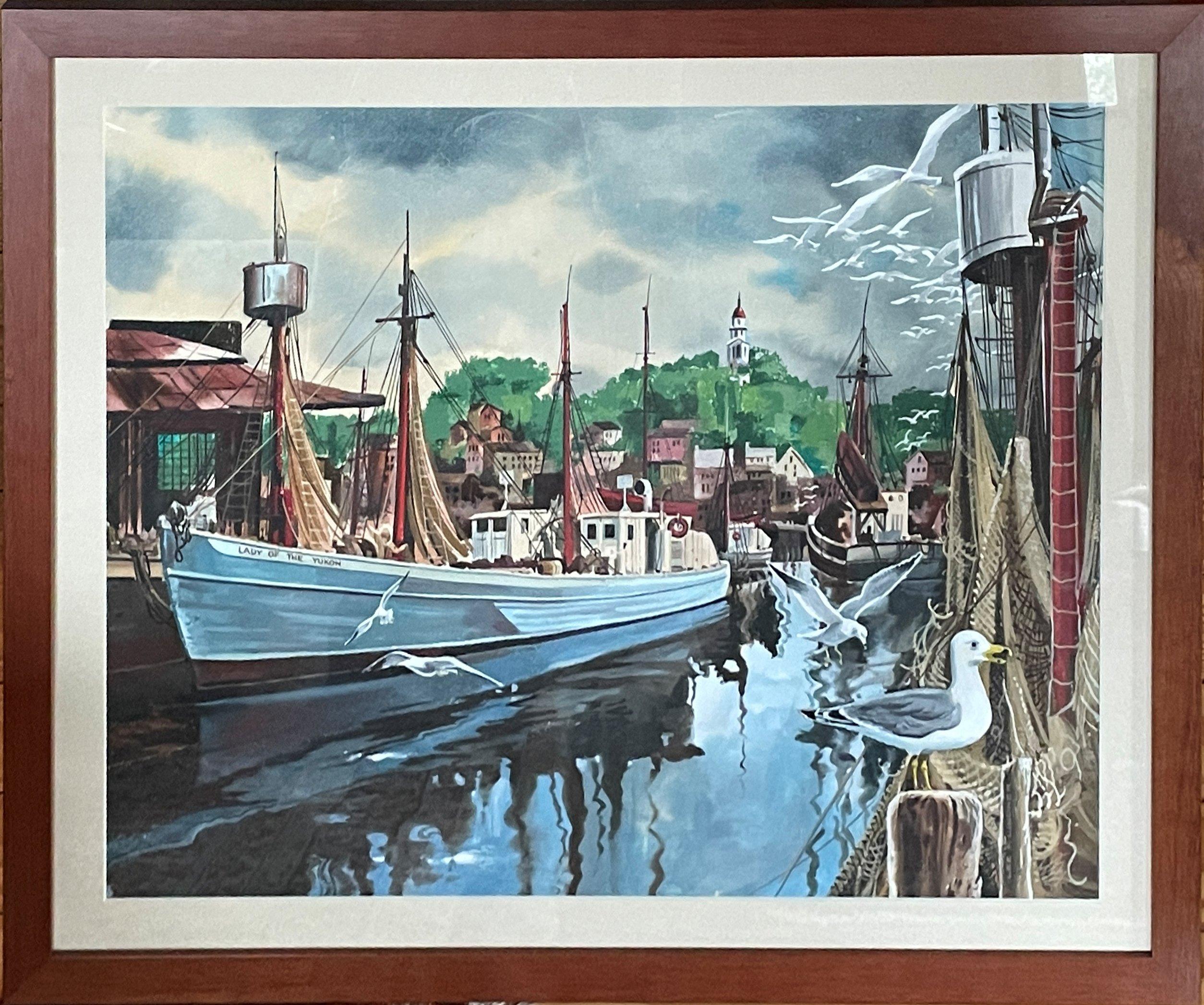 Lee F. Lindner (1934 - 2012)
Lady of the Yukon, Boats in the Harbor
Watercolor on paper
21 x 26 1/2 inches
Signed lower right

Born on May 29, 1934 in Milwaukee, Wis., he was the son of Henry L. and Helen Wielebski Lindner. A resident of the area