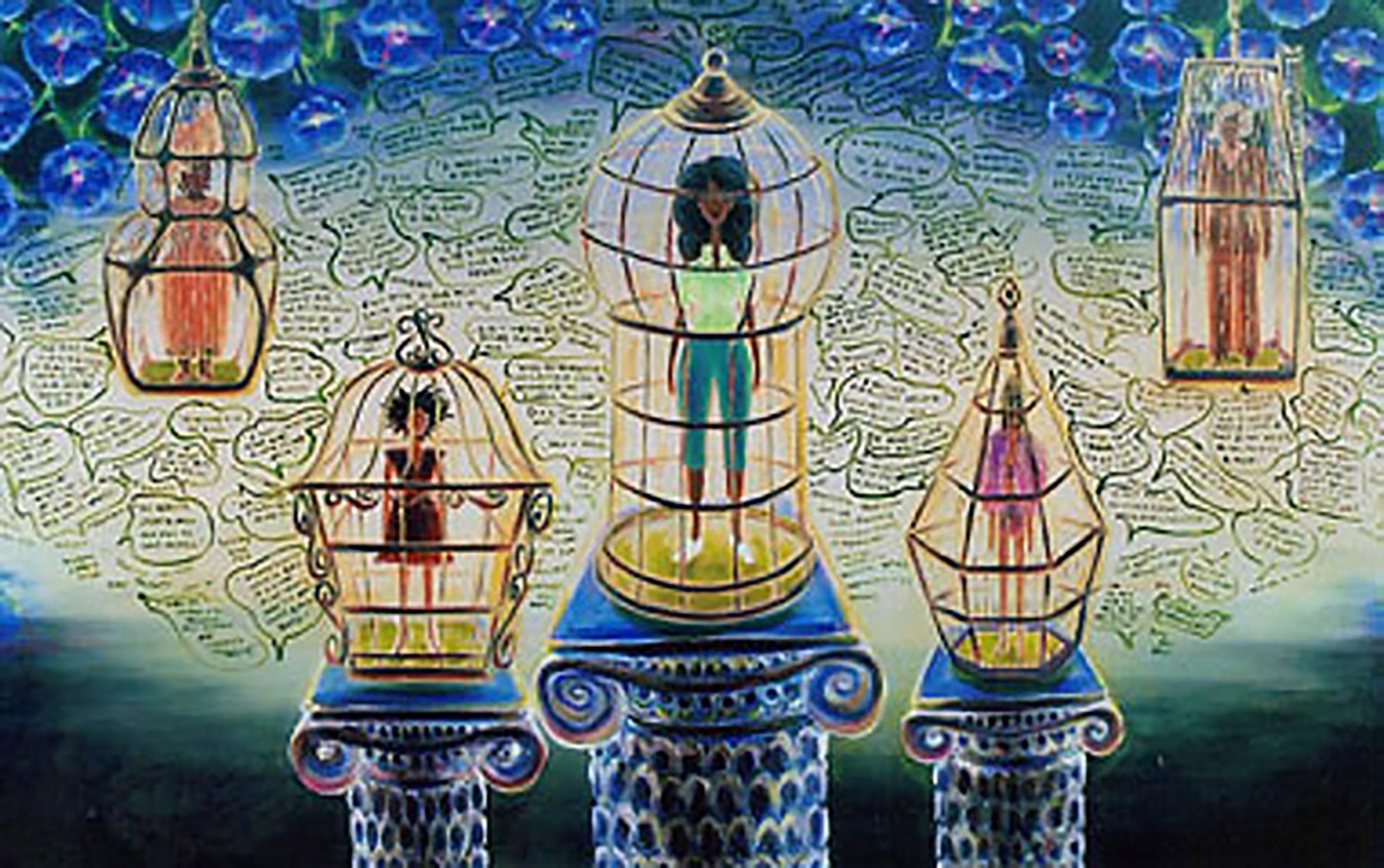 "Women on Pedestals" Oil on Canvas  - Painting by Zeal Harris
