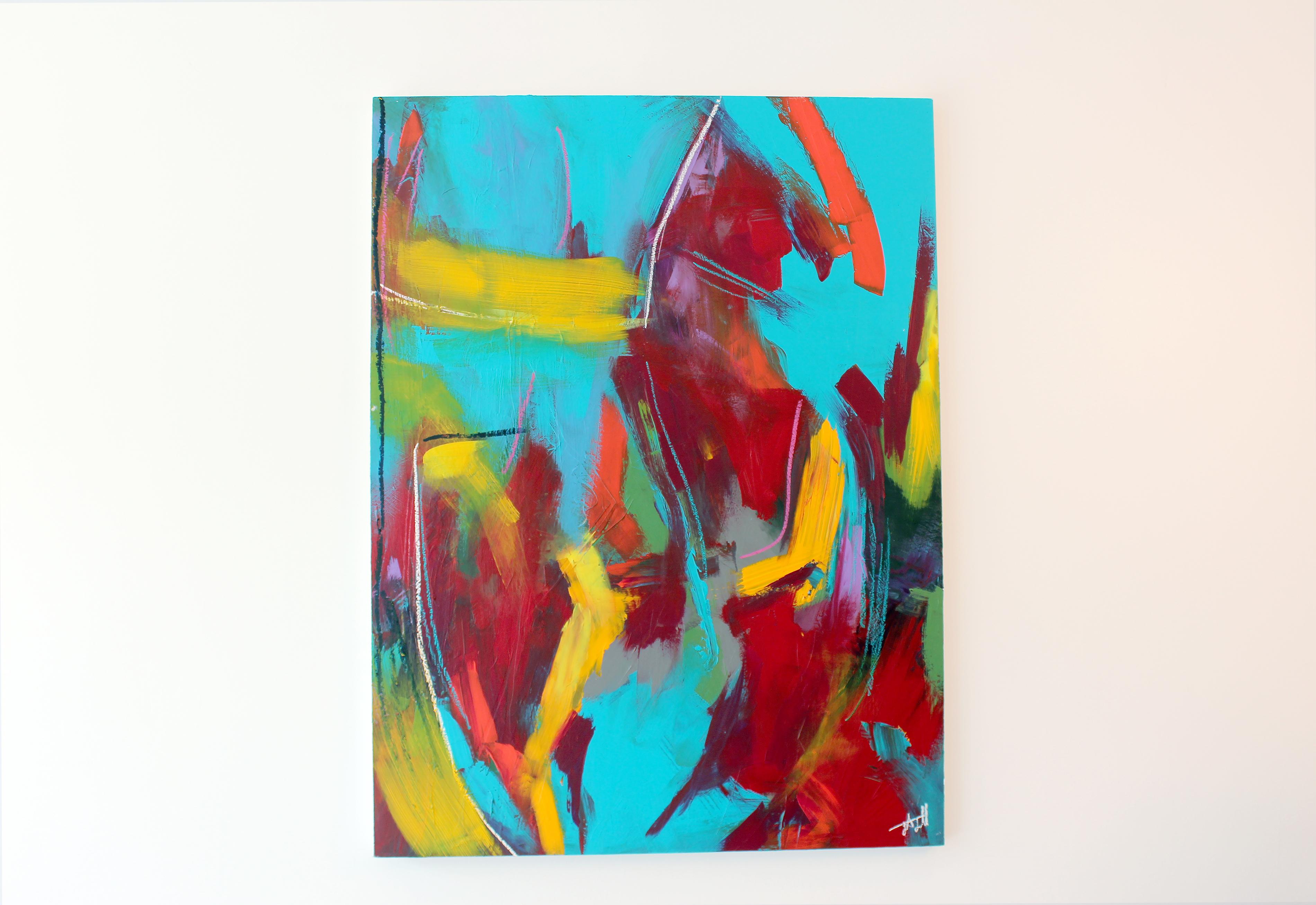 Abstract Painting di Jaqueline Jandrell - "Intrusione" - Stick di acrilico e olio su pannello di Wood