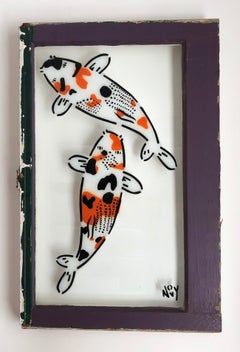 "Good Things Come in Pairs"-Acrylic on Glass in Wooden Window Frame 