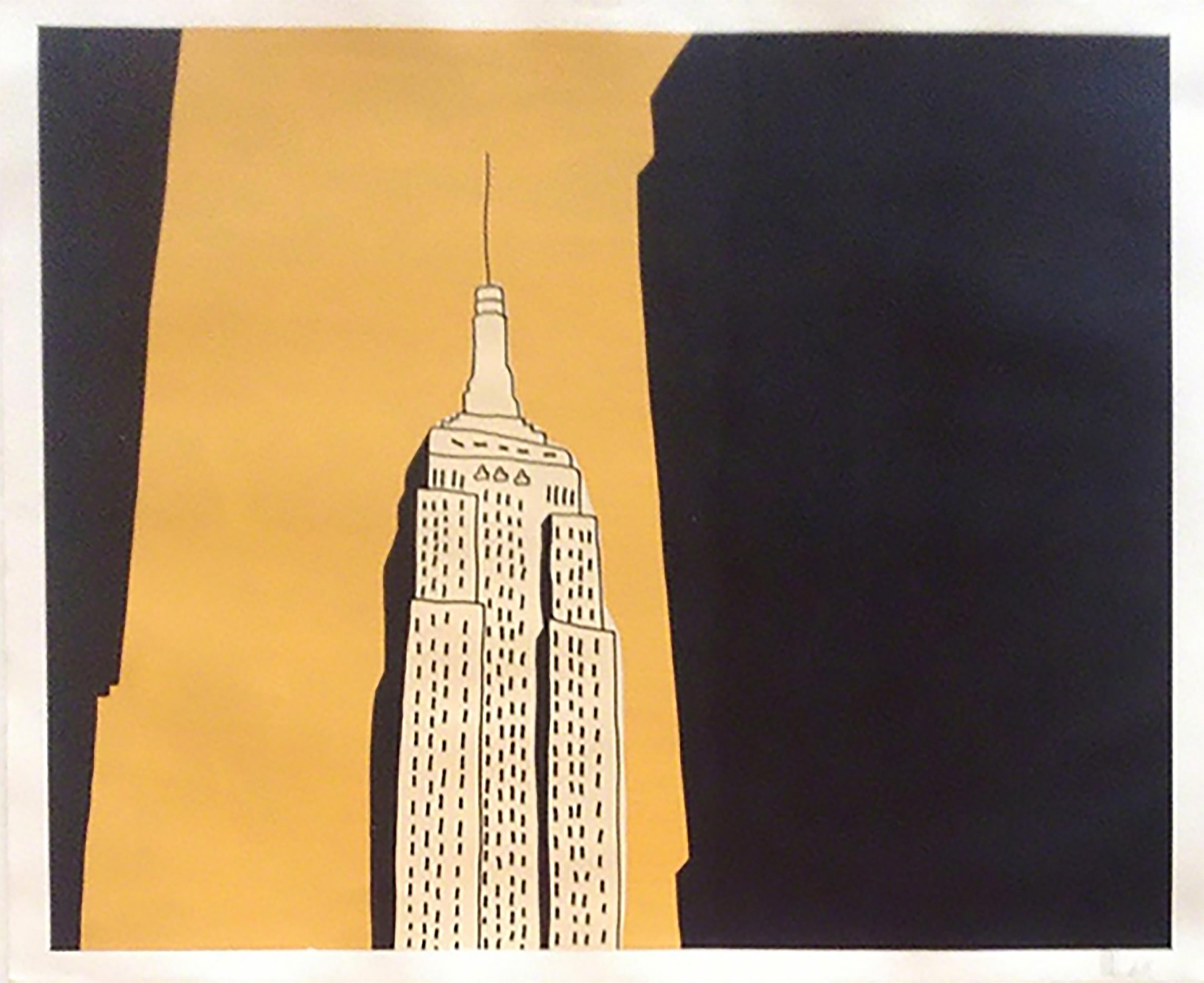 Marz Junior Figurative Painting - "NYC Empire State Building"-Yellow Acrylic & Ink on Paper Framed