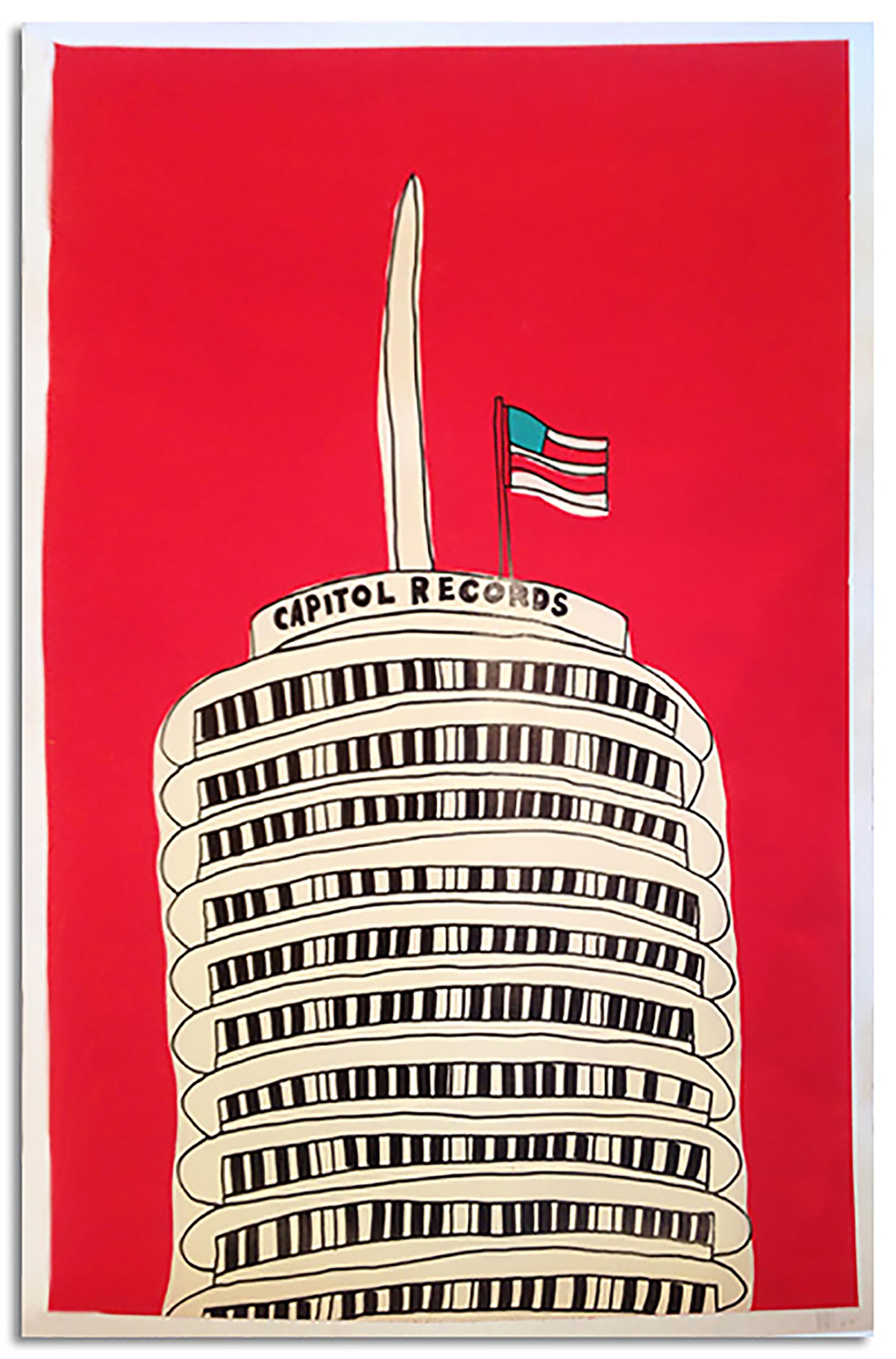 Marz Junior Figurative Painting - "Capitol Records Building"-Red Acrylic & Ink on Paper 