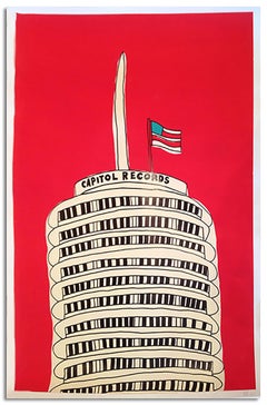 "Capitol Records Building"-Red Acrylic & Ink on Paper