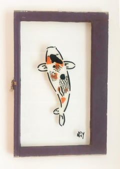 "1 Koi Window"-Spray Paint on Glass in Wooden Window Frame 