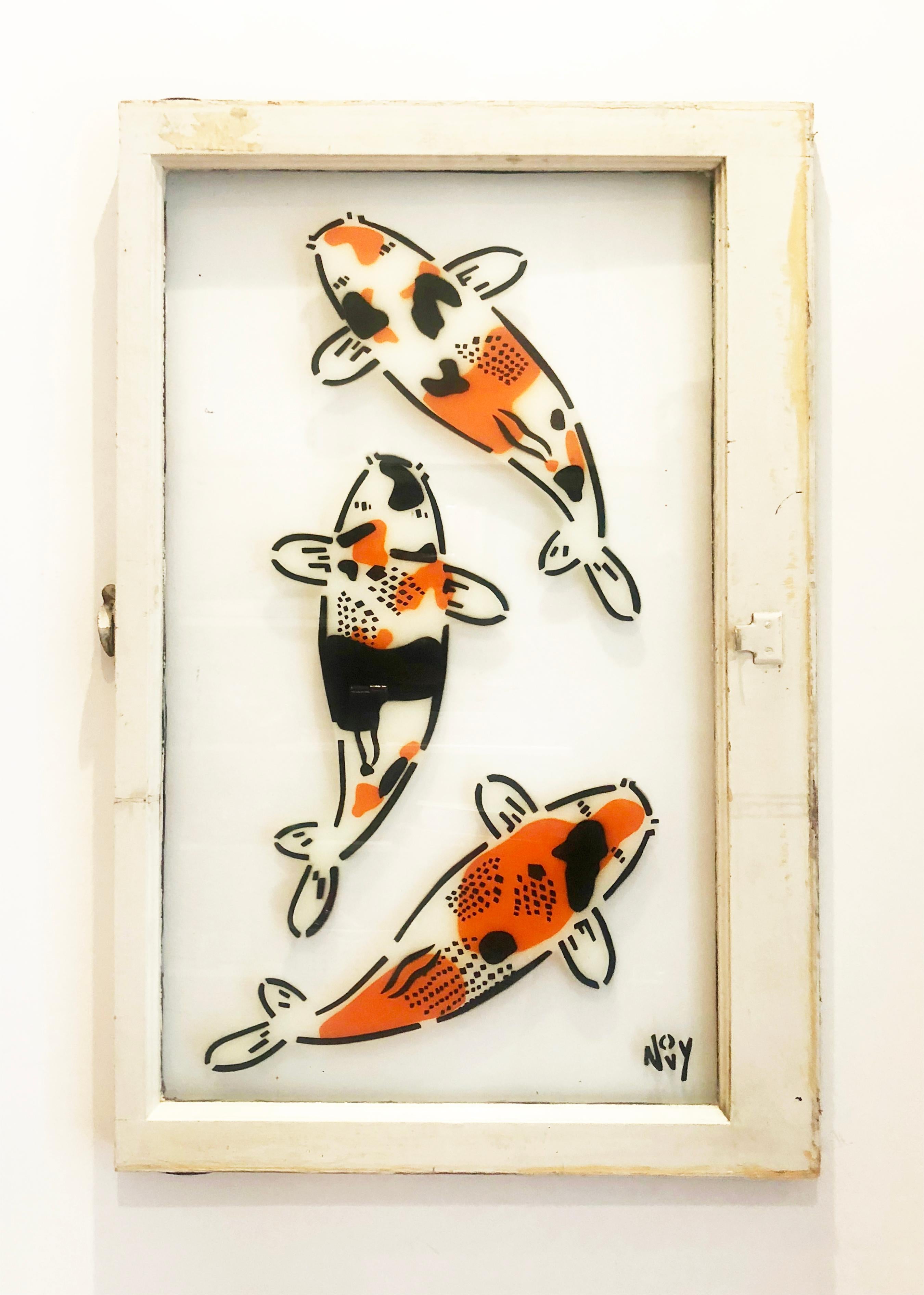 Jeremy Novy Animal Painting - "3 Koi on Window in White Frame"-Spray Paint on Glass in Wooden Frame 