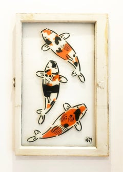 "3 Koi on Window in White Frame"-Spray Paint on Glass in Wooden Frame 