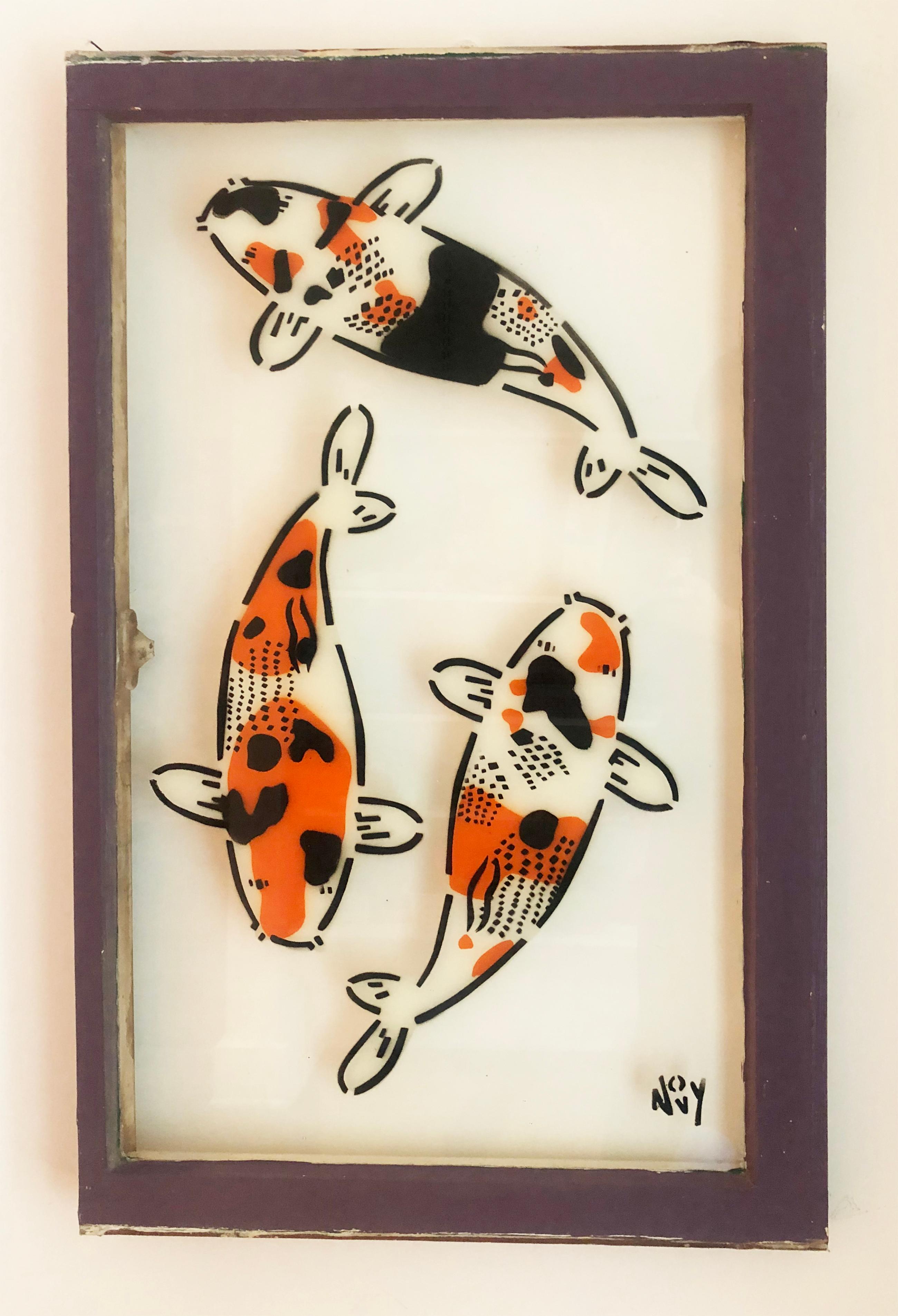 Jeremy Novy Animal Painting - "3 Koi on Window in Purple Frame"-Spray Paint on Glass in Wooden Frame 