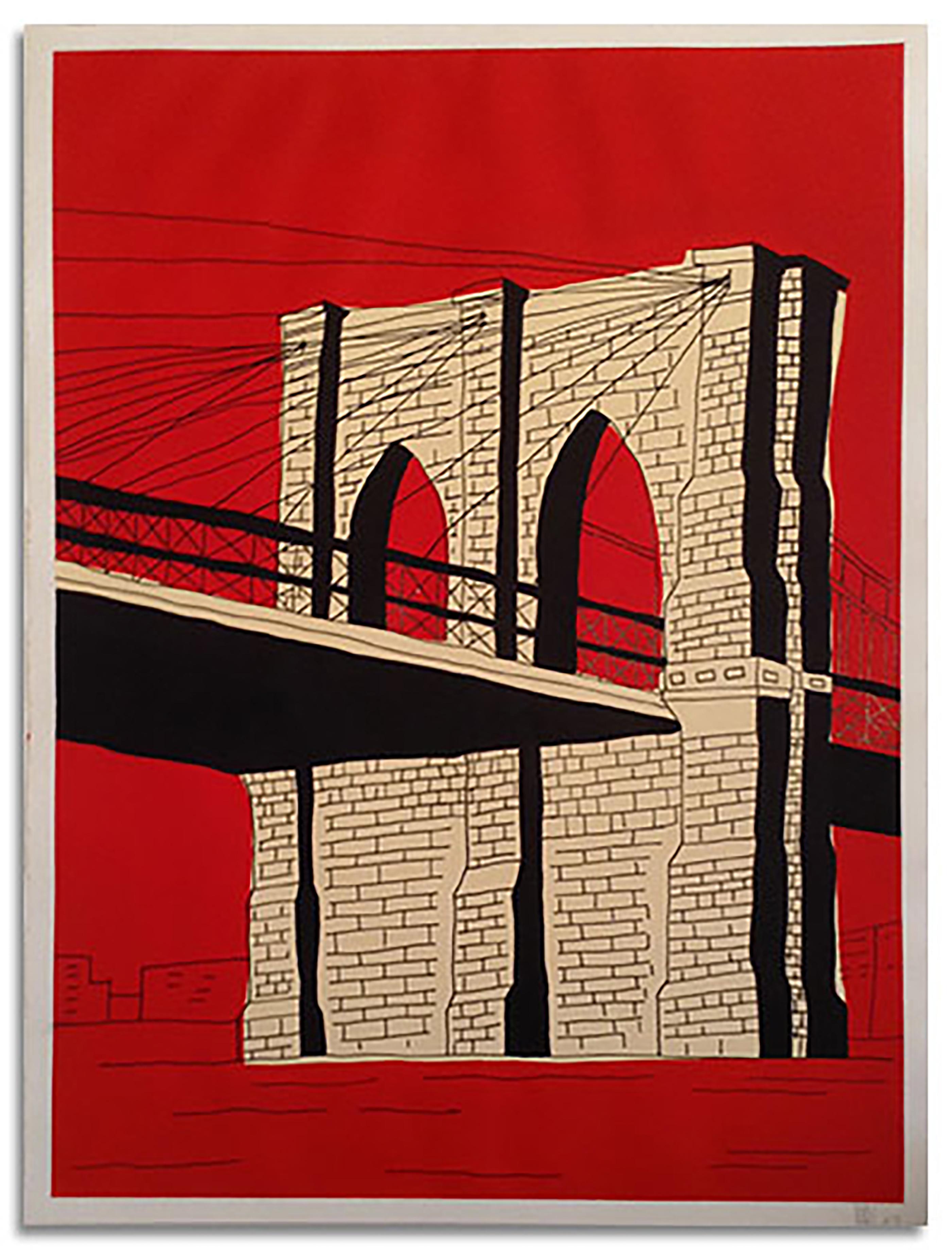 Marz Junior Figurative Painting - "Red Brooklyn Bridge"- Acrylic & Ink on Paper Framed
