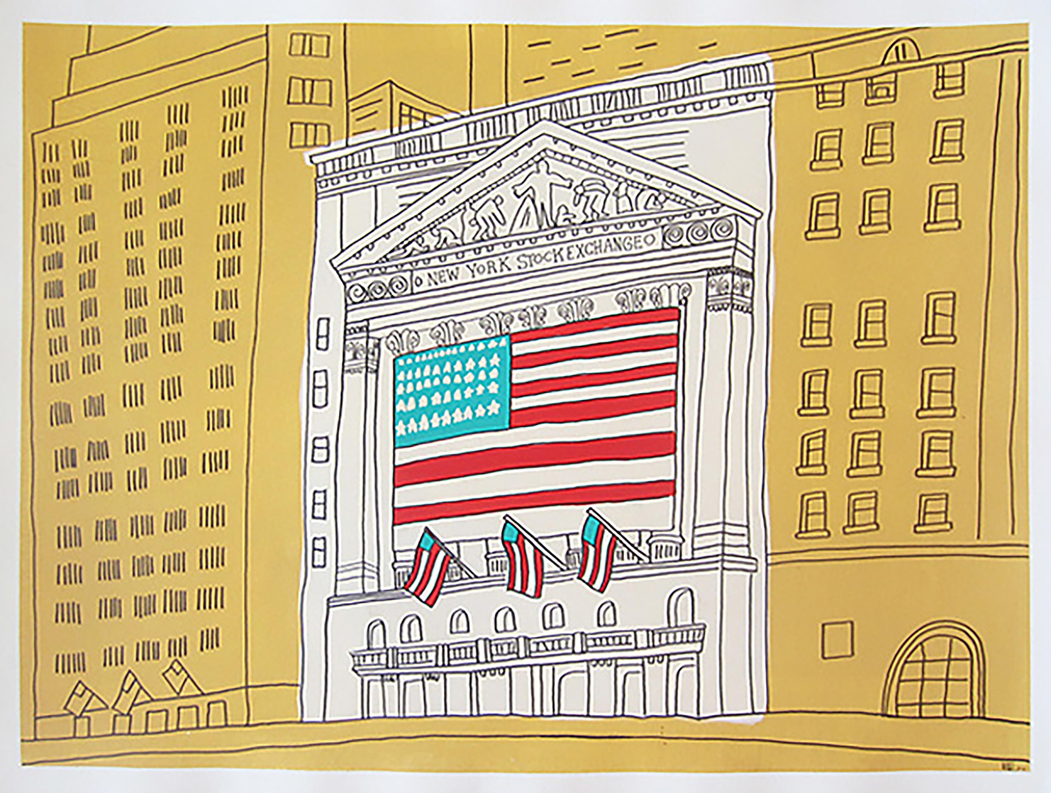 Marz Junior Figurative Painting - "NYC Stock Exchange"-Acrylic & Ink on Paper Framed