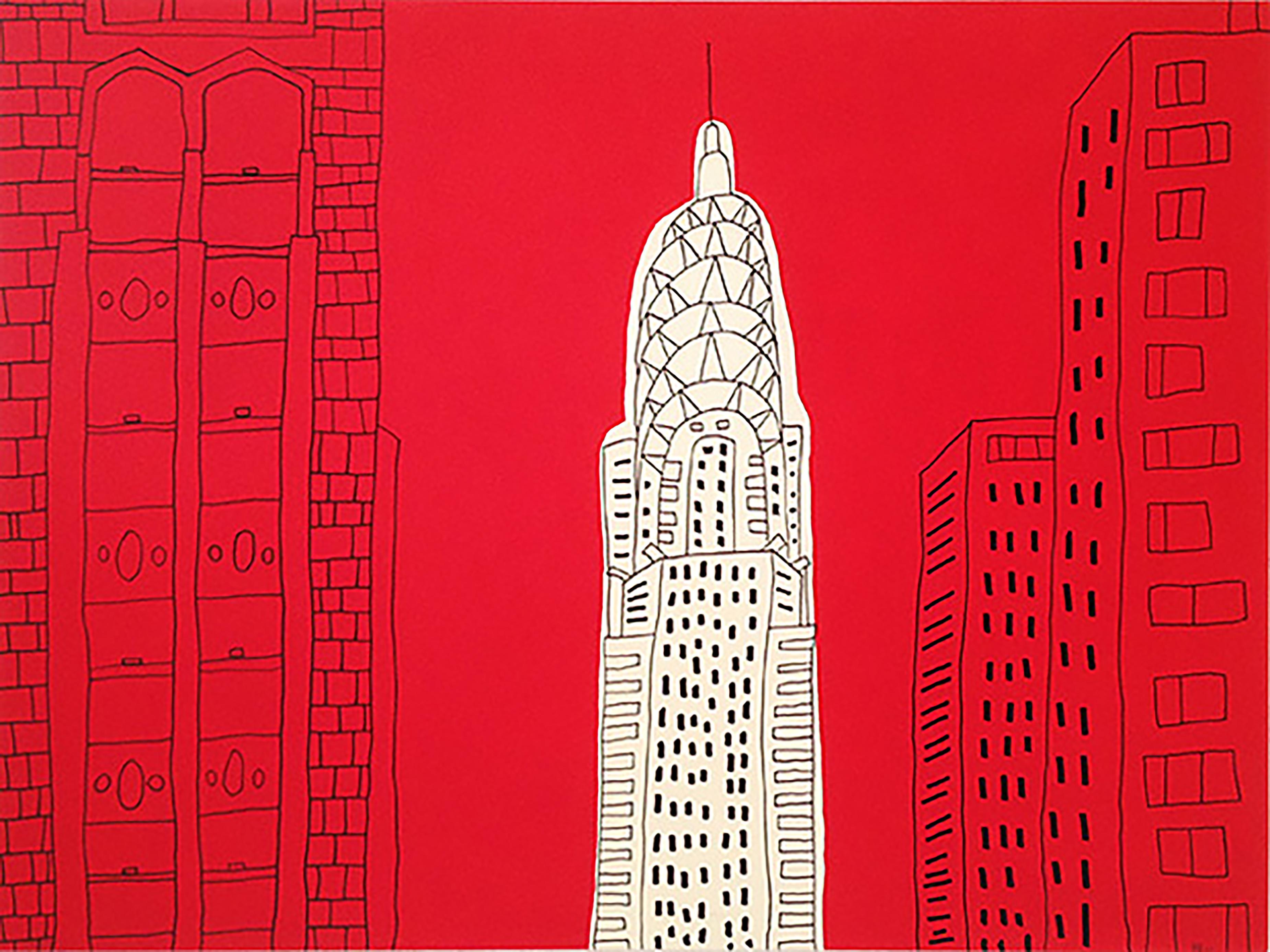 Marz Junior Figurative Painting - "Red Chrysler Building"- Acrylic & Ink on Paper Framed