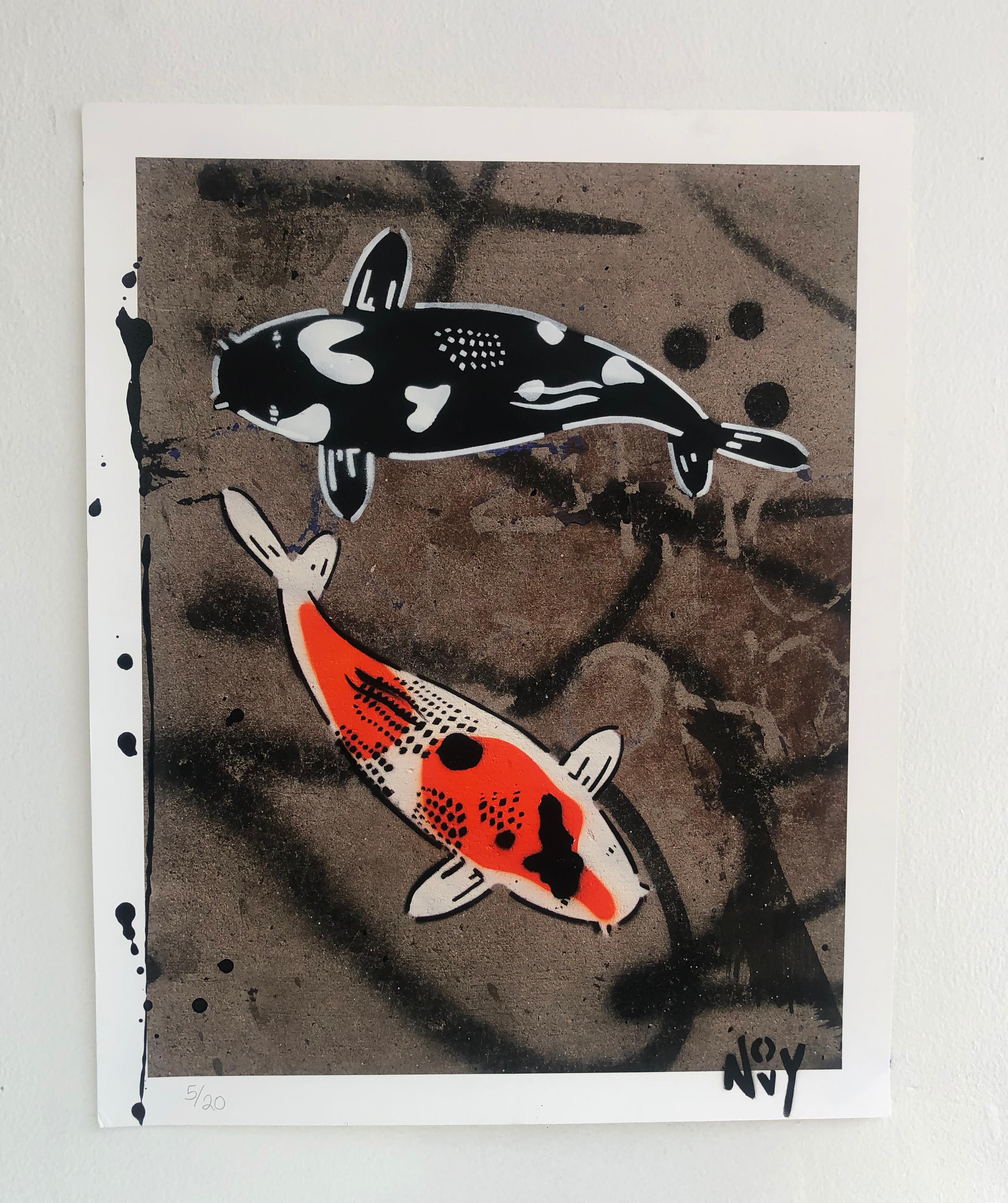 Jeremy Novy Animal Print - "Dual City Koi"-Limited Edition Hand Stenciled Koi Giclee Prints 
