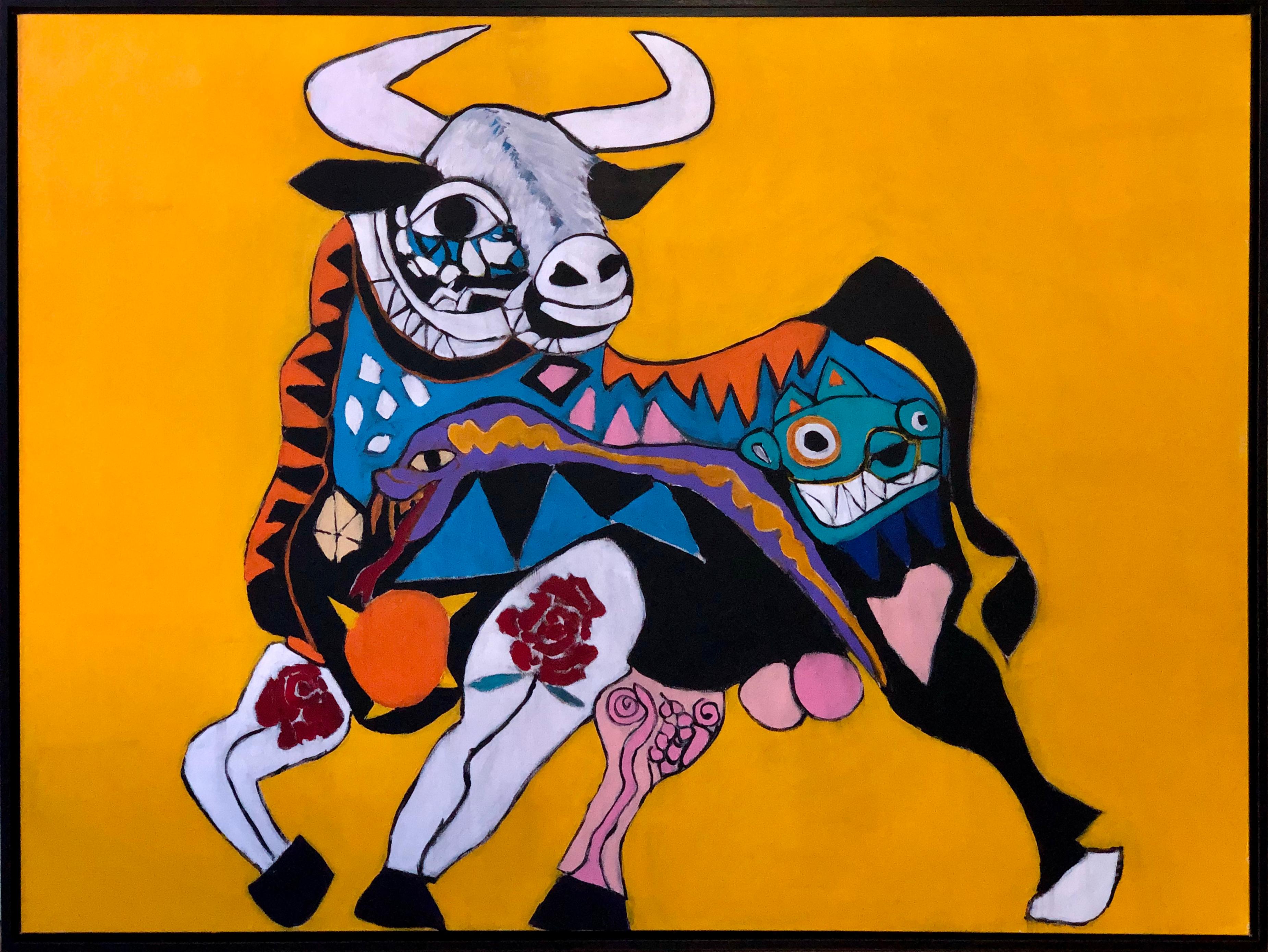 Melinda McLeod Animal Painting - "Zuno The Spanish Bull"-Acrylic Painting on Canvas in Black Wood Frame 