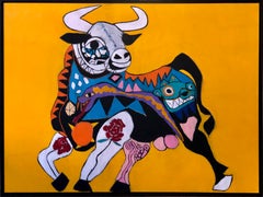 "Zuno The Spanish Bull"-Acrylic Painting on Canvas in Black Wood Frame 