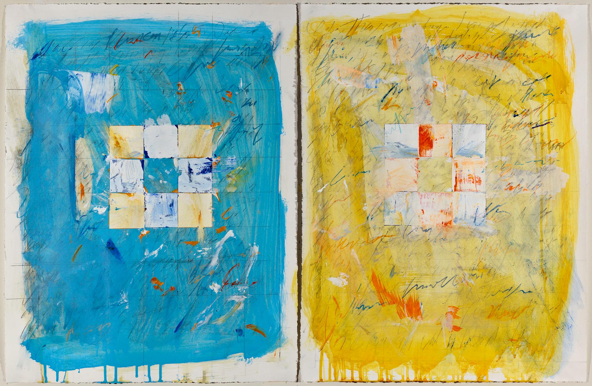 Trevor Norris Abstract Painting - "Domestic Recipe #6" Diptych Acrylic and Collage on paper, framed