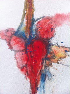 "Red Circles" watercolor on paper, framed.