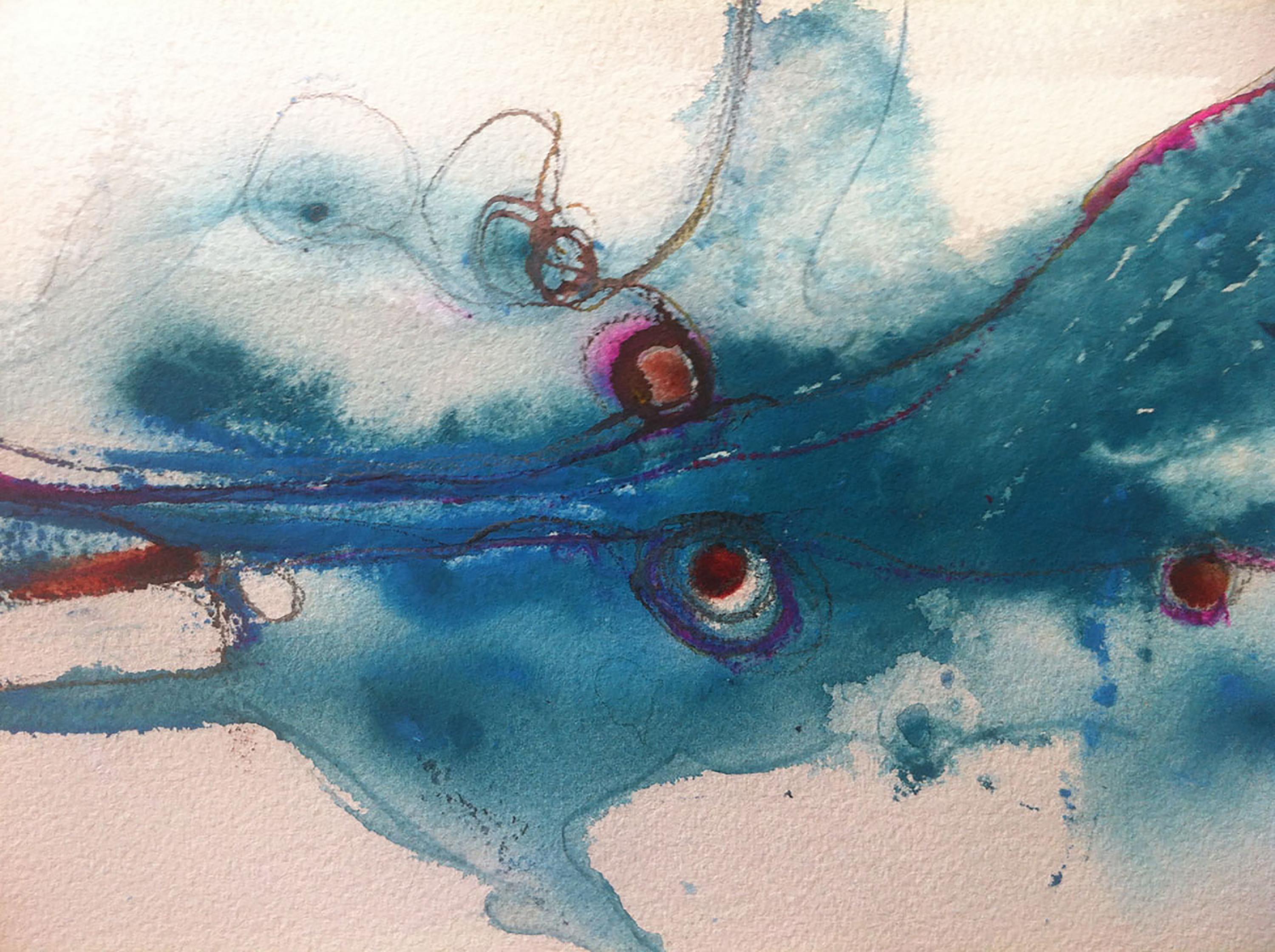 Stephanie Visser  Abstract Painting - "Kneeling Before the Sea " water color on paper, framed.