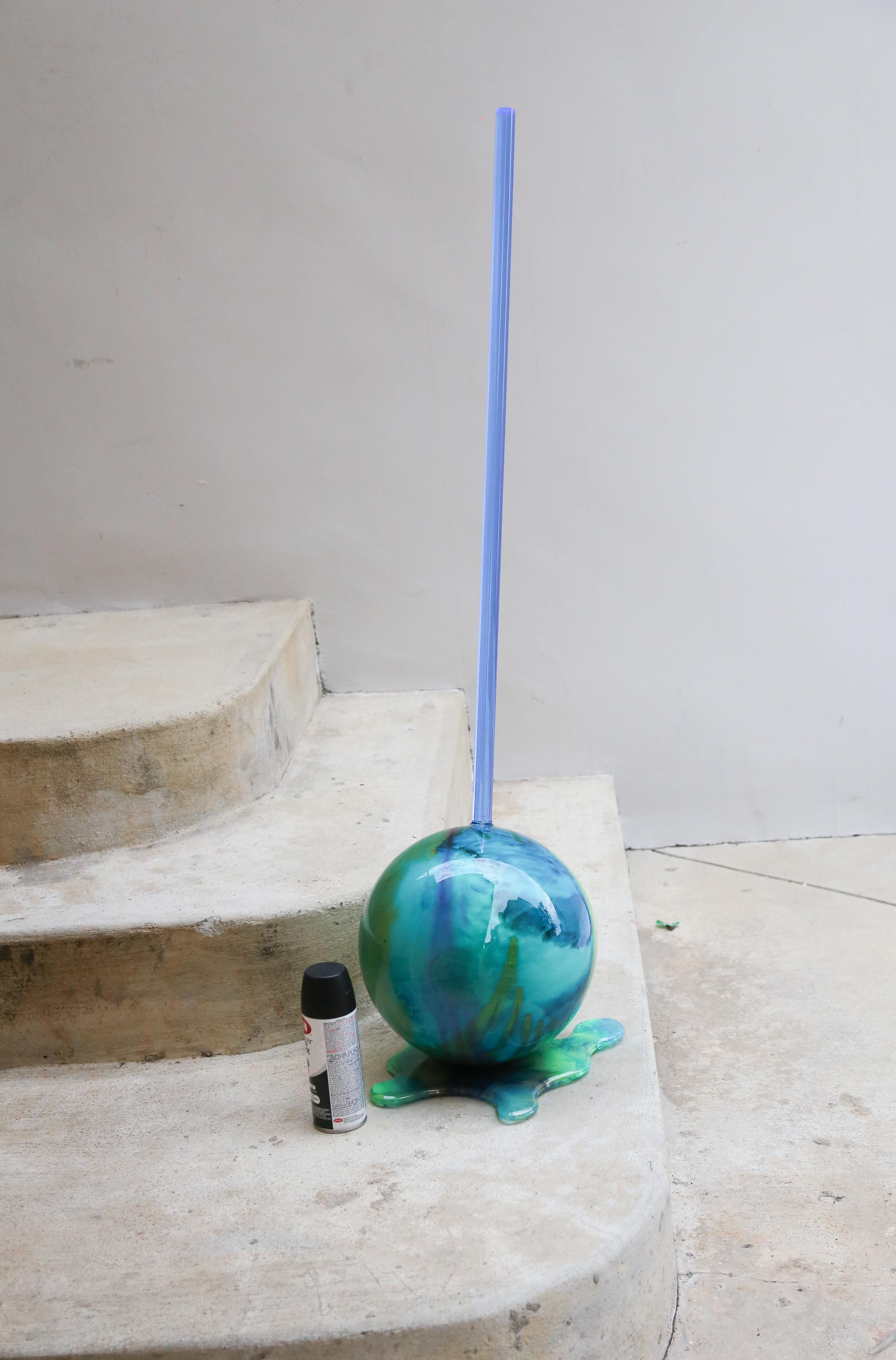 Blue Globe Lollipop - Original Resin Sculpture  - Mixed Media Art by Betsy Enzensberger