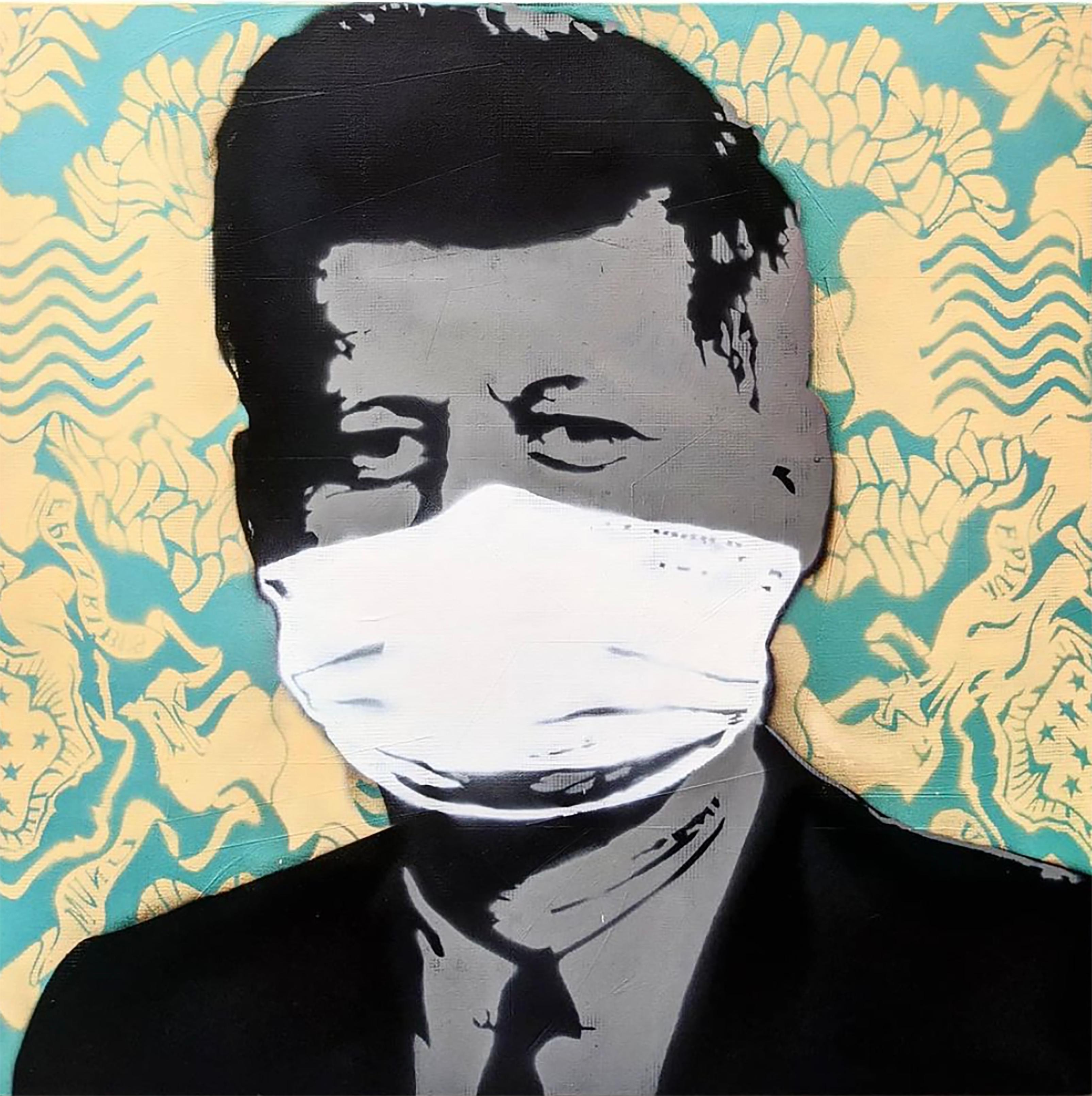 Kar-Part Figurative Painting - "Mask, Not What Your Country Can Do For You", YELLOW  aerosol on wood 