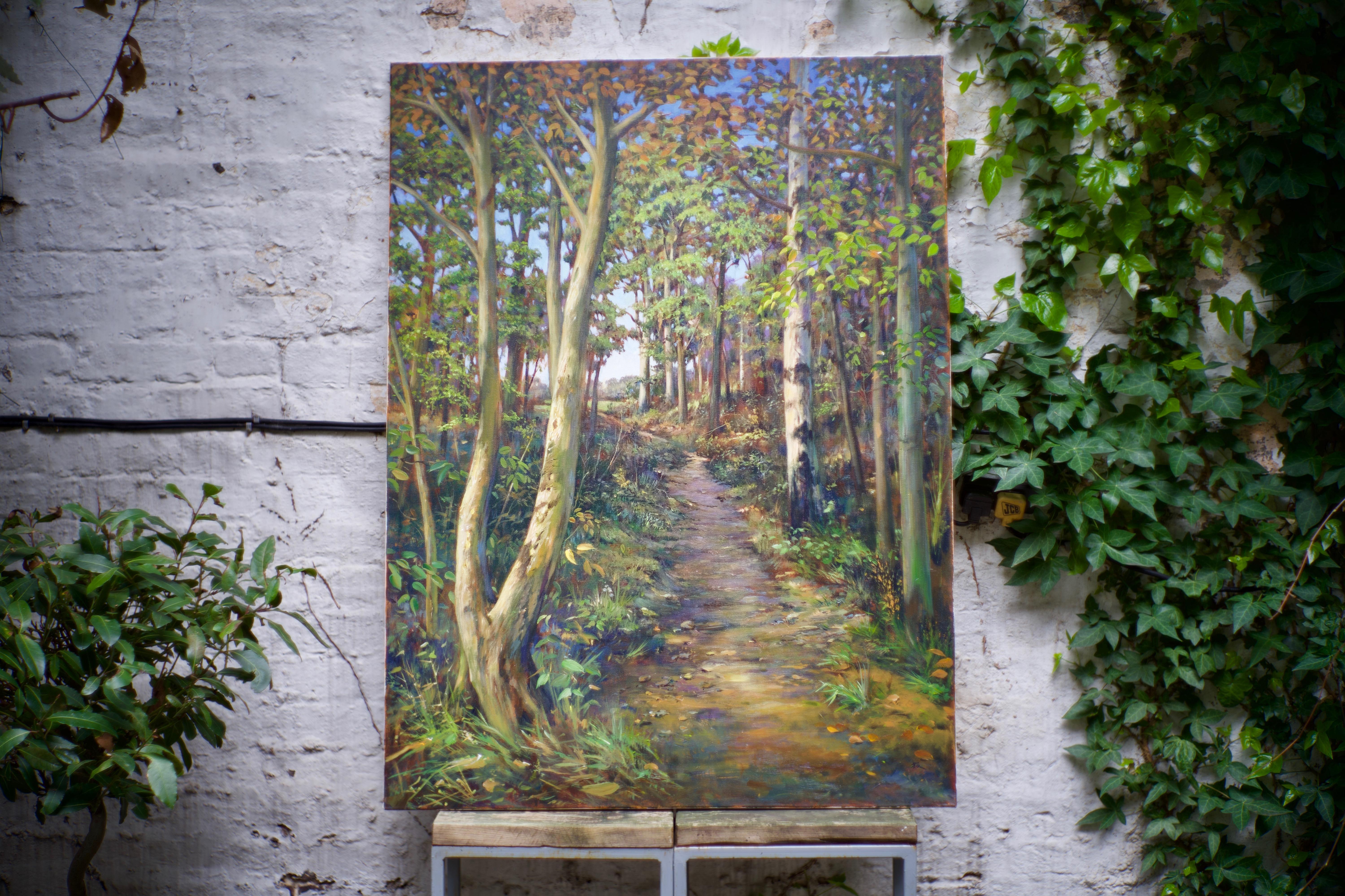 Durch die Wälder – Landschaft, zeitgenössisch, Blaublüten, Hölzer – Painting von Tony Blackwell