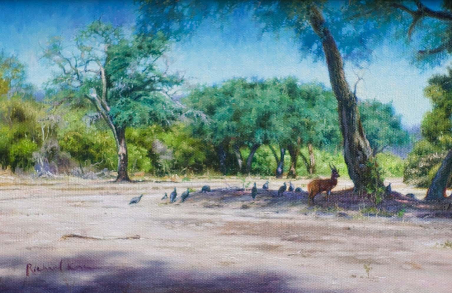 Richard King  Animal Painting - Guinea Fowls in the Shade - Realist, Natural, Wildlife, South Africa