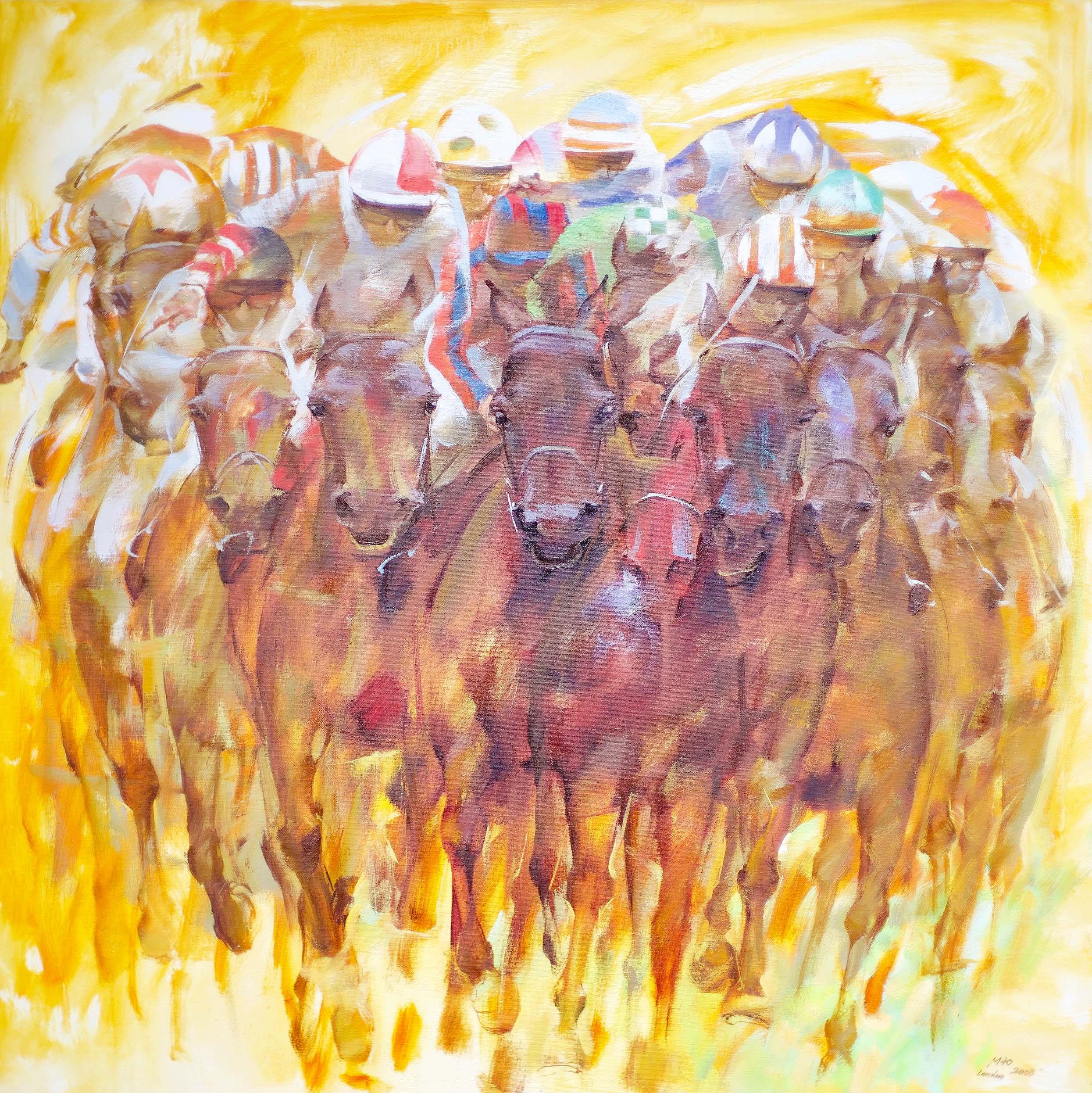 Mao Wen Bio Animal Painting - Head On - Racing, Equestrian, Sport, Contemporary, Abstract