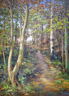 Durch die Wälder – Landschaft, zeitgenössisch, Blaublüten, Hölzer
