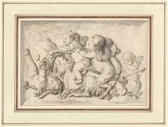 Antique Old Master Drawing by Jean Baptiste Huet I (1745-1811): Putti and a Young Satyr 