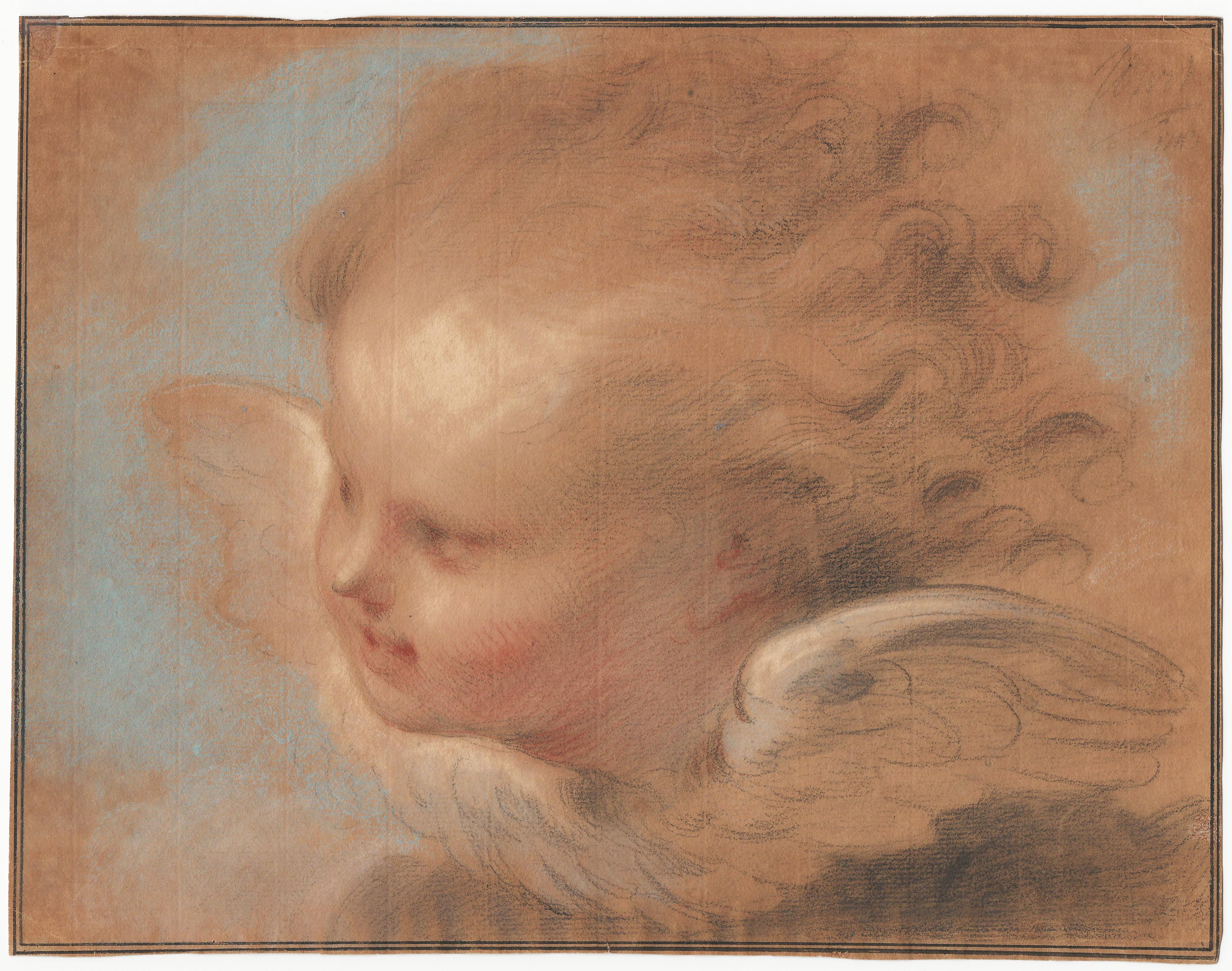 Jacob De Wit Figurative Art – 18th C Dutch Old Master Drawing Pastel Jacob de Wit Head of a Putto