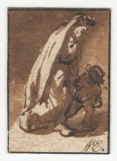 17th C Dutch Old Master Drawing by Isaac van Ostade Woman and Child Walking