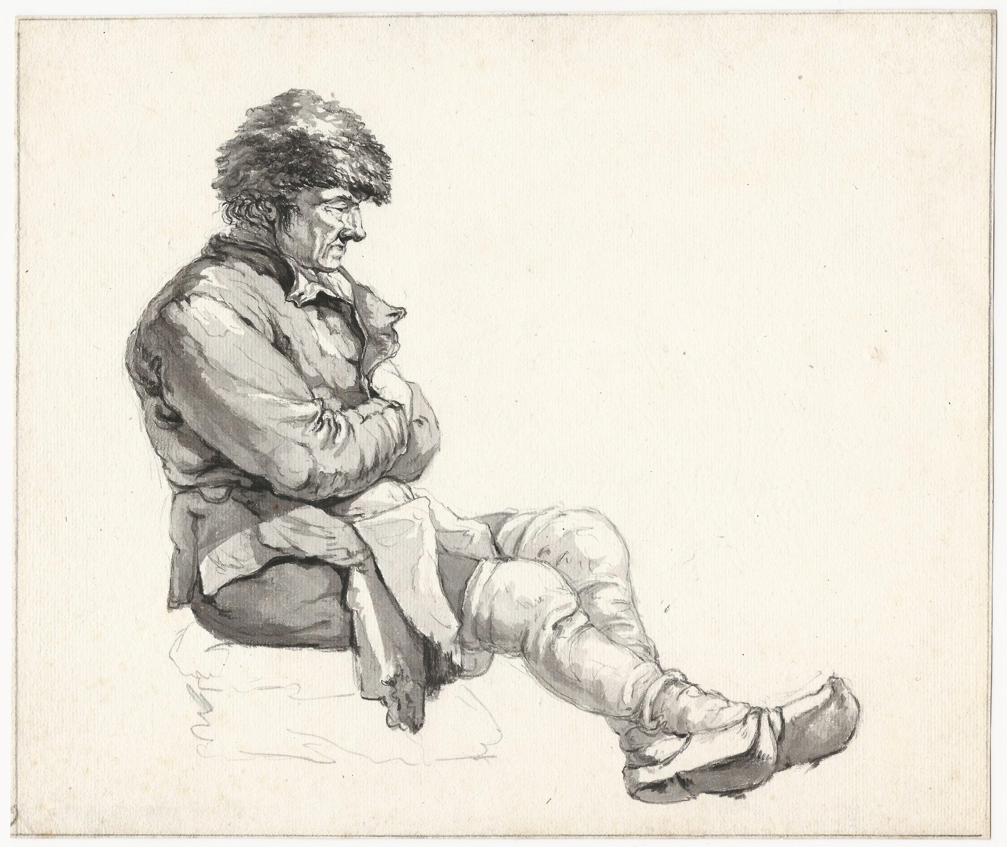 Johannes Christianus Schotel Figurative Art - 19th C Dutch Old Master Drawing Johannes Christiaan Schotel Study of Seated Man