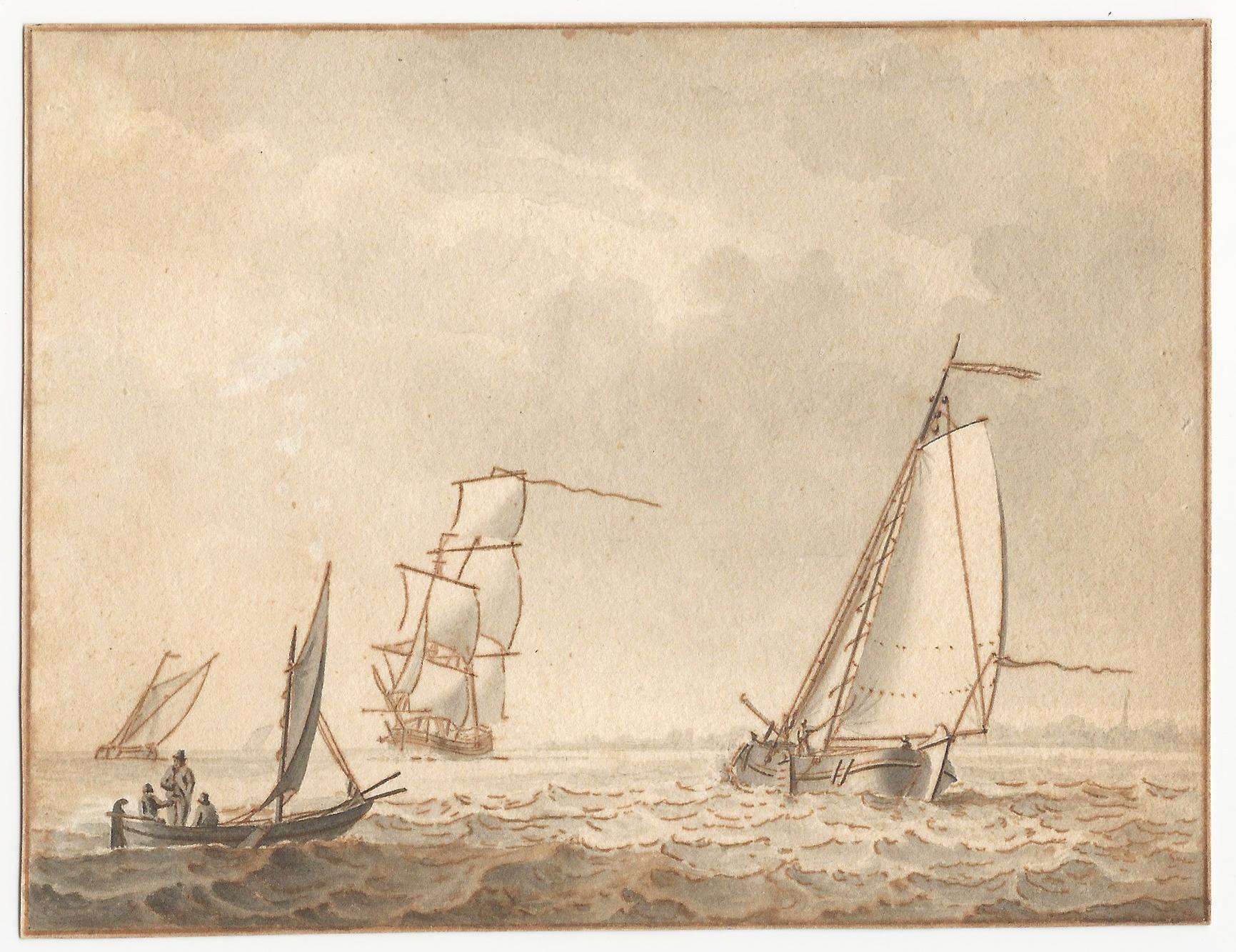 Cornelis Thim (Rotterdam 1754 – 1813 Utrecht)

Vessels in a Breeze before a Coast

Pen and brown ink, grey wash, brown ink framing lines, 108 x 141 mm (4.3 x 5.6 inch)

Signed and dated ‘Korn: Thim fec: 1792’ (pen and brown ink,