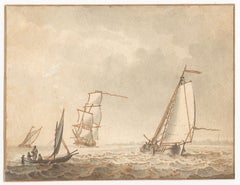18th C Dutch Old Master Drawing by Cornelis Thim Marine Shipping Sailing