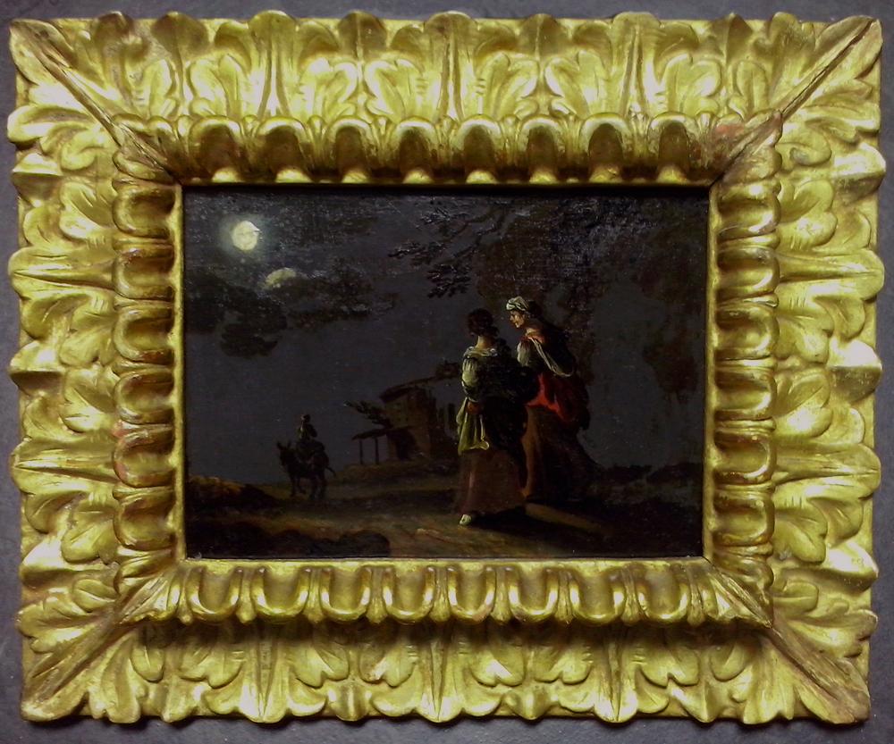Leonaert Bramer (Delft 1596 – 1674 Delft)

Two Female Figures Walking on a Path by Moonlight

Oil on slate, 104 x 142 mm (4.1 x 5.6 inch); framed in a high quality carved and gilded reproduction frame of Italian 17th-century style

Executed in Rome