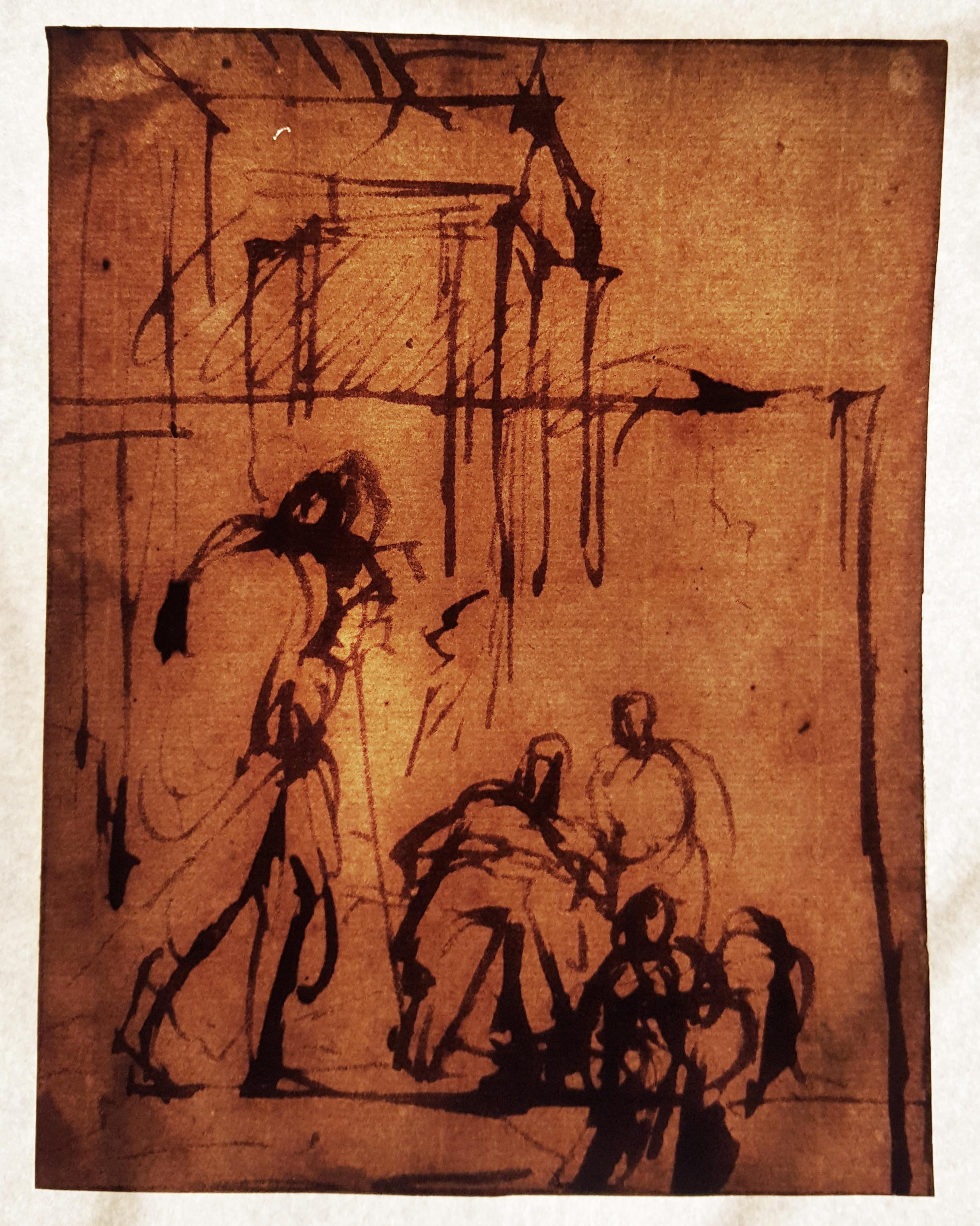 17th Century Old Master Drawing by a Pupil of Rembrandt: Composition Study - Beige Figurative Art by Unknown