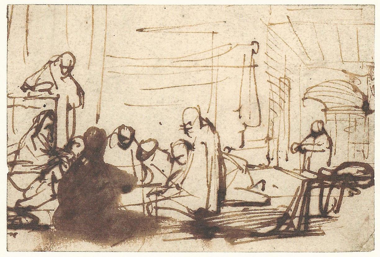 Rembrandt School, circa 1650-1660

Composition Study, possibly Christ Driving the Money Changers from the Temple

Pen and brown ink, brown ink framing lines, 150 x 121 mm (5.9 x 4.8 inch)

Provenance
Private collection, The Netherlands

~

This