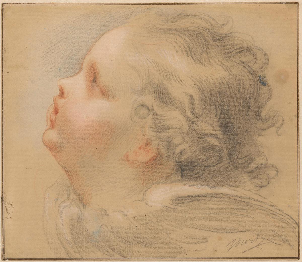 Jacob de Wit (Amsterdam 1695 – 1754 Amsterdam)

A Head of a Putto

Black, white, blue and red chalk, grey wash, black ink framing lines, on yellowish paper, partial watermark crowned shield with French lily, 243 x 313 mm (9.6 x 12.3 inch)

Signed