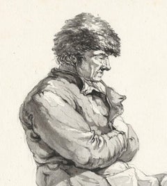 19th C Dutch Old Master Drawing Johannes Christiaan Schotel Study of Seated Man