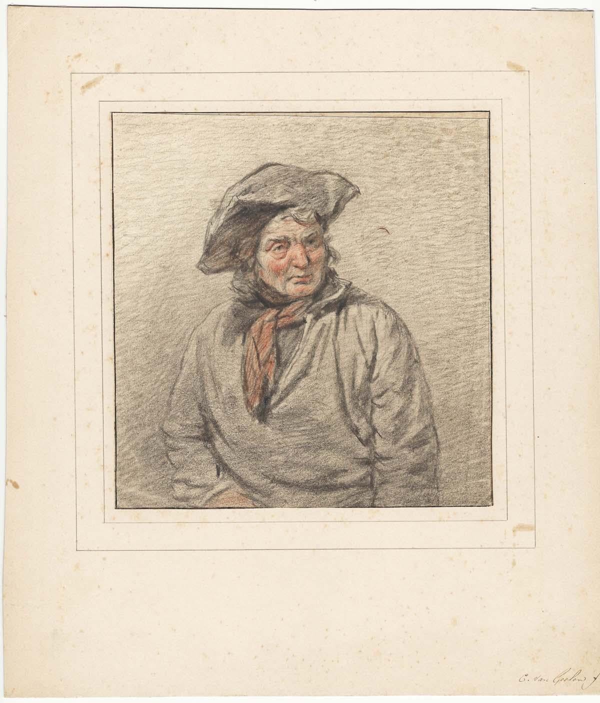 Christiaan van Geelen II (Utrecht 1794 – 1826 Utrecht)

Study of the Head of a Man

Black and red chalk, black ink framing lines, on wove paper, 193 x 185 mm (7.6 x 7.3 inch), hinged onto early mount with framing lines in pencil

Signed ‘Van geelen.