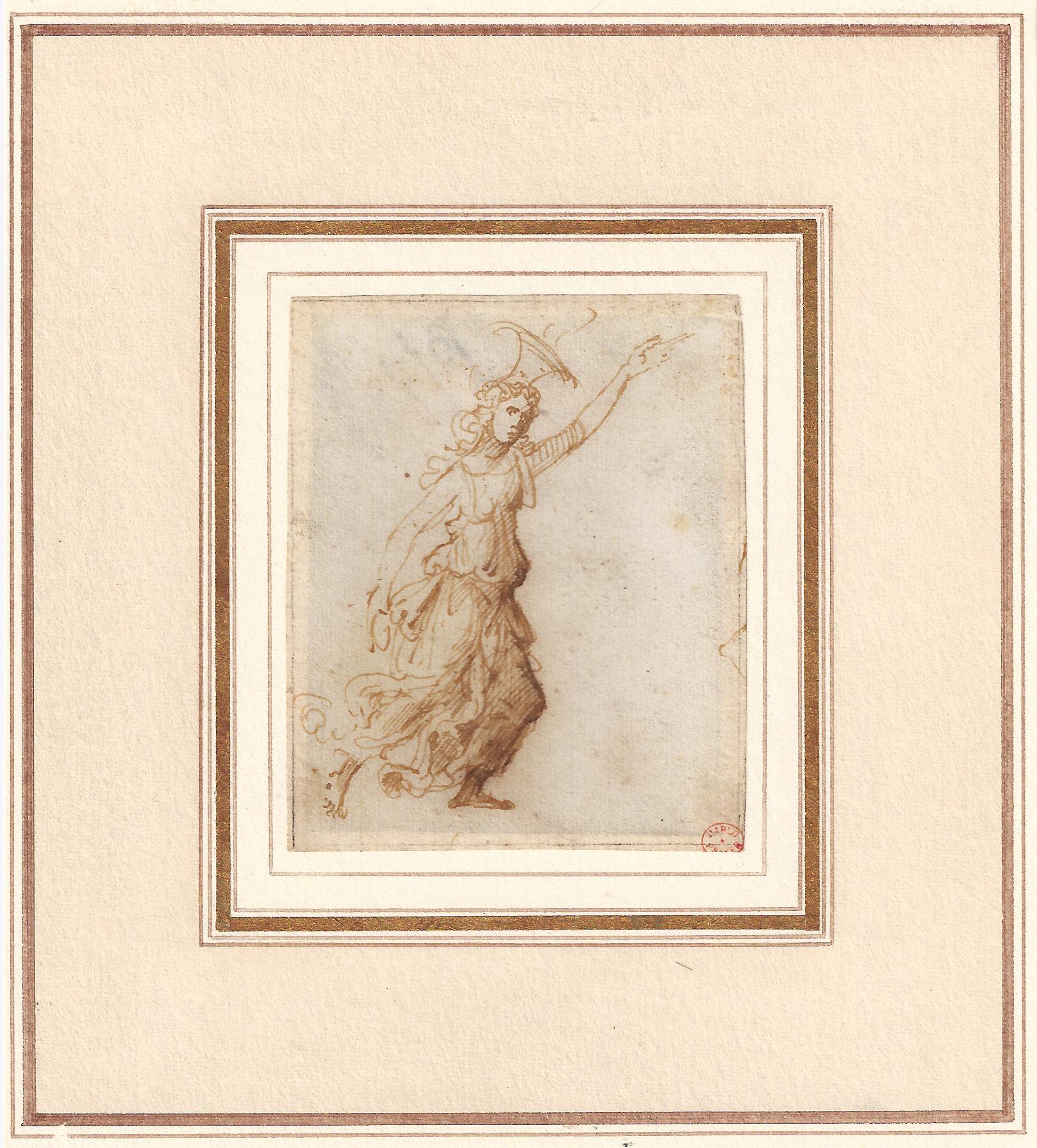 Marcantonio Raimondi (Arguis, c.1470/80 – 1534 Bologna)

Study of an Allegorical Figure

Executed c. 1505

Pen and brown ink, brown wash, graphite framing lines, 73 x 60 mm (2.9 x 2.4 inch)

Provenance
- Capitano Carlo Prayer (1826–1900), Milan