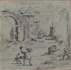 18th C Italian Old Master Drawing by Giacomo Guardi Venetian Scene
