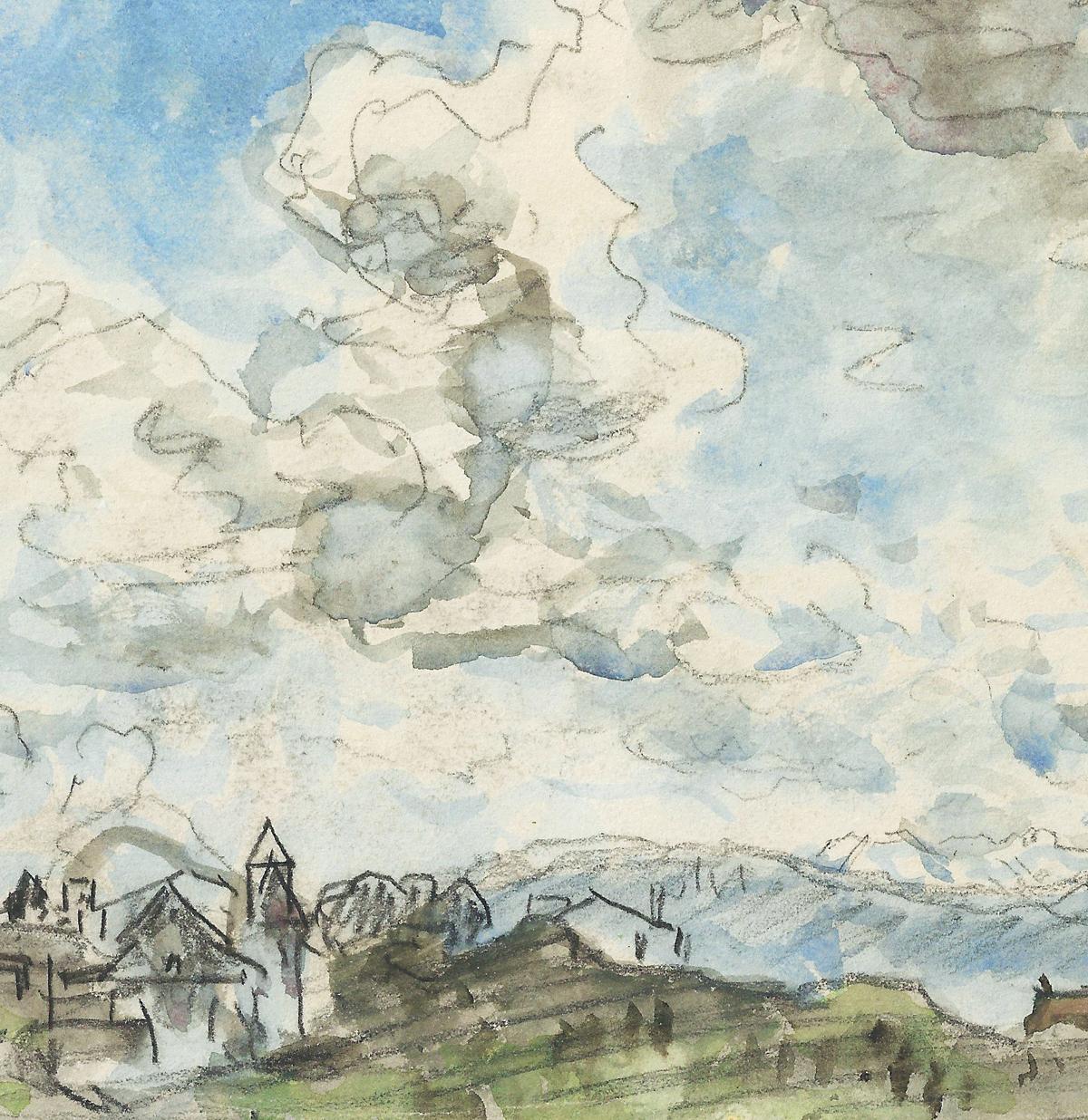 Johan Barthold Jongkind (Lattrop 1819 – 1891 La Côte-Saint-André)

Clouds over La Côte-Saint-André (recto); Landscape Sketch (verso)

Black chalk, watercolour, 161 x 252 mm (6.3 x 9.9 inch)

Dated ‘21 Juin 1880’ (black chalk, lower left); numbered